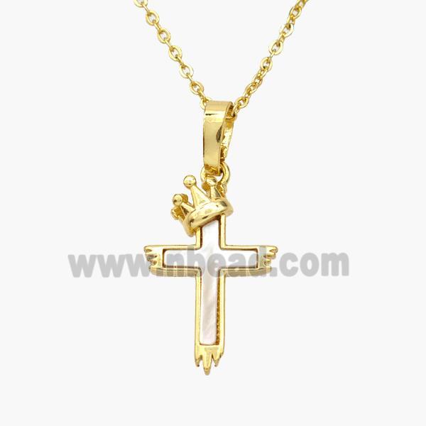 Copper Cross Necklace Pave Shell Crown Gold Plated