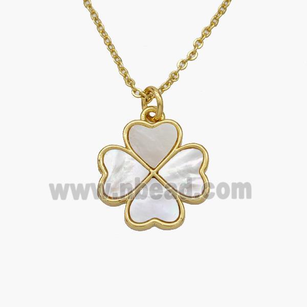 Copper Clover Necklace Pave Shell Heart Gold Plated