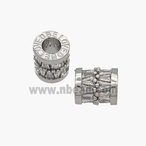 Copper Tube Beads Pave Zirconia Large Hole Platinum Plated