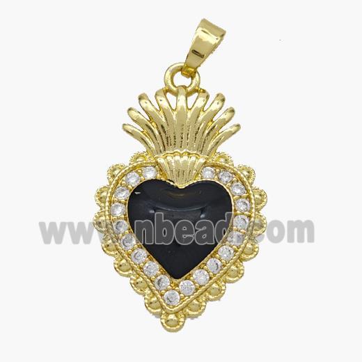 Copper Heart Pendant Pave Zirconia Black Enamel Gold Plated