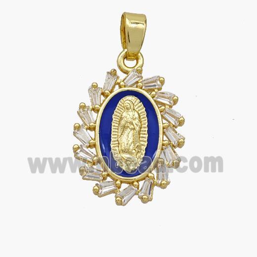 Virgin Mary Charms Copper Pendant Pave Zirconia Blue Enamel Gold Plated