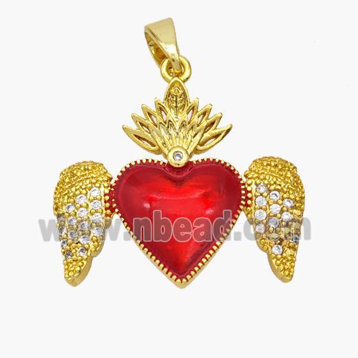 Copper Heart Pendant Red Painted Angel Wings Pave Zirconia Gold Plated