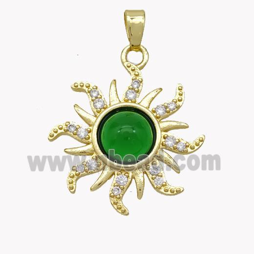Copper Sun Pendant Pave Zirconia Green Jade Gold Plated