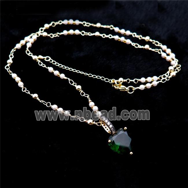 Copper Necklace Green Heart Crystal Glass Pearlized Plastic Gold Plated