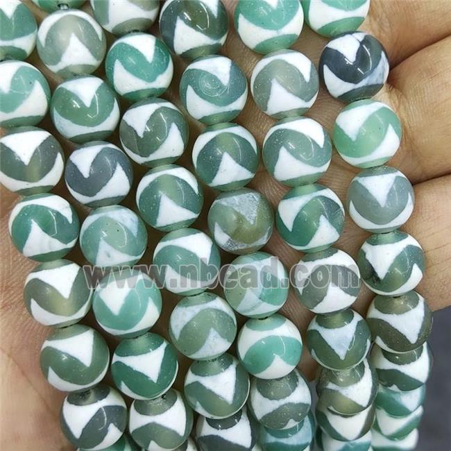 Tibetan Agate Beads Green Wave Smooth Round
