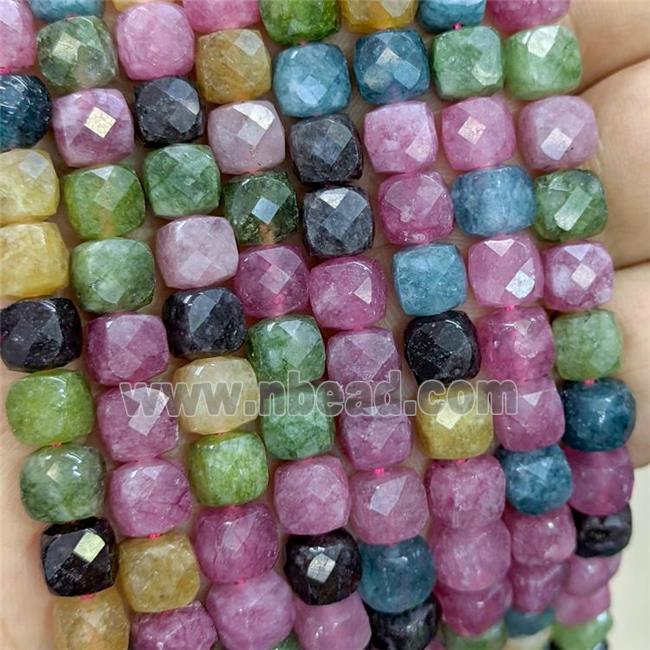 Natural Jade Beads Mixed Color Dye Faceted Cube