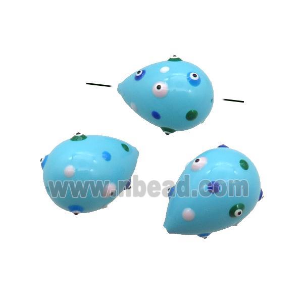 blue Pearlized Shell teardrop beads with evil eye