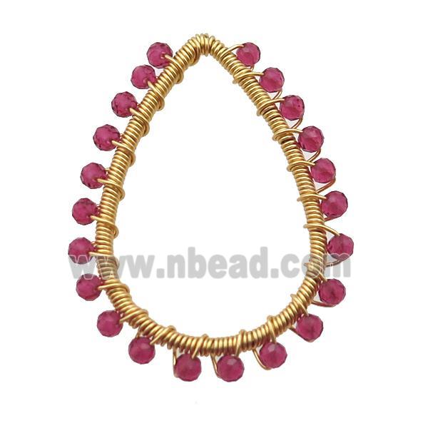 copper teardrop pendant with red crystal glass, wire wrapped, gold plated