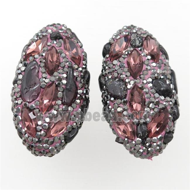 Clay oval beads paved rhinestone with garnet