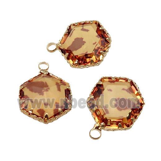 orange Crystal Glass hexagon pendant, gold plated