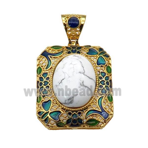 copper Rectangle pendant with howlite, enamel, gold plated