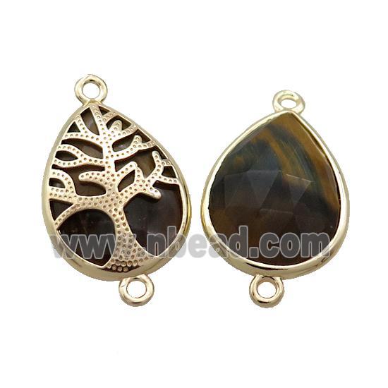 Natural Tiger Eye Stone Teardrop Connector Tree Of Life Gold Plated