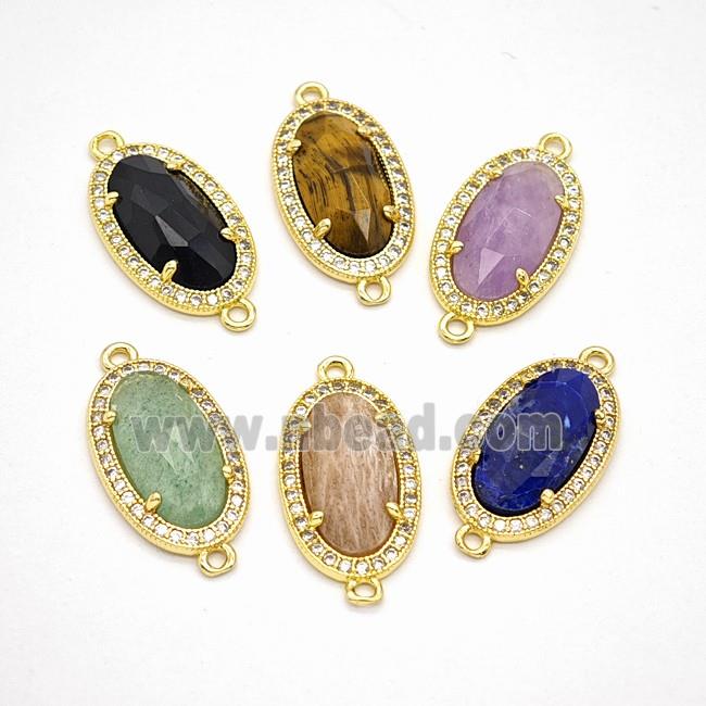 Gemstone Oval Connector Copper Pave Zirconia Gold Plated Mixed