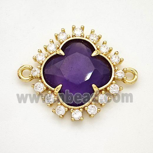 Natural Purple Amethyst Clover Connector Copper Pave Zirconia Gold Plated