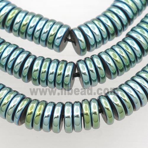 Hematite heishi beads, green electroplated