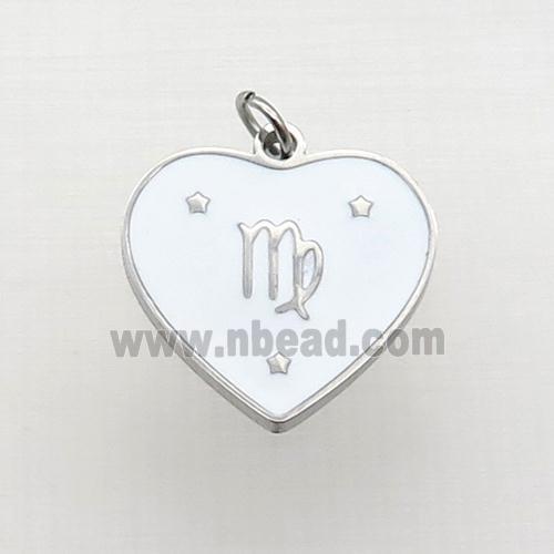 Raw Stainless Steel Heart Pendant White Enamel Zodiac Virgo
