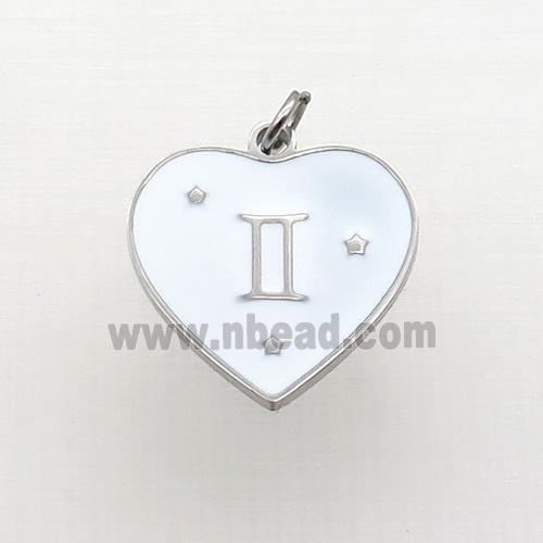 Raw Stainless Steel Heart Pendant White Enamel Zodiac Gemini