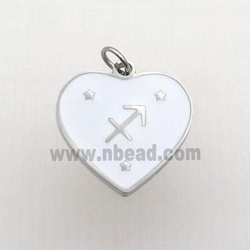 Raw Stainless Steel Heart Pendant White Enamel Zodiac Sagittarius