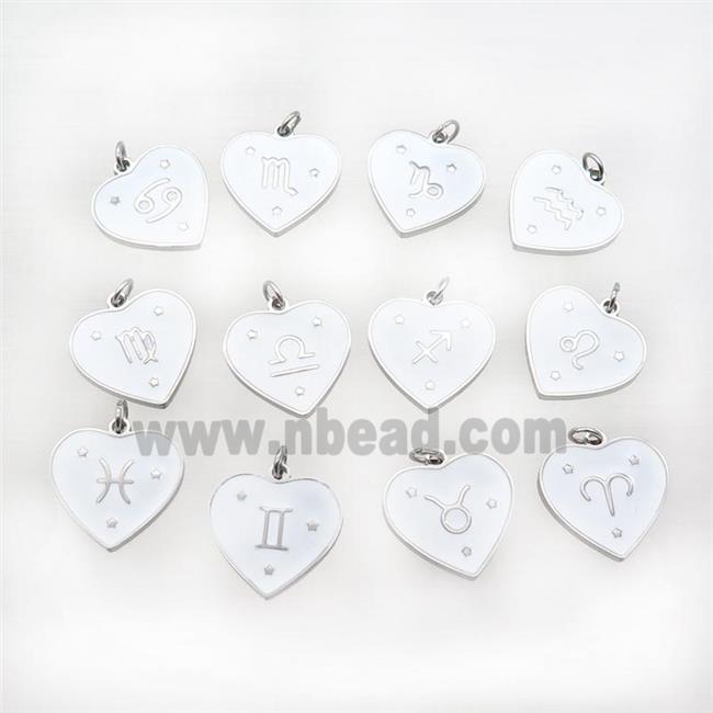 Raw Stainless Steel Heart Pendant White Enamel Zodiac Mixed
