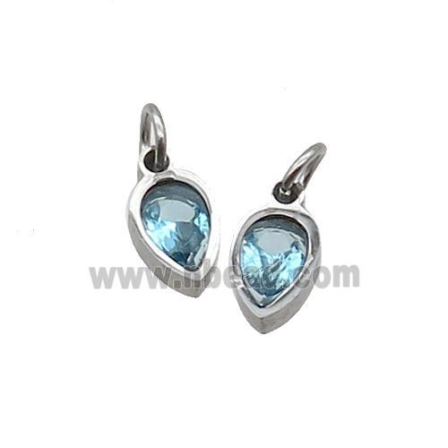 Raw Stainless Steel Teardrop Pendant Pave Aqua Zircon