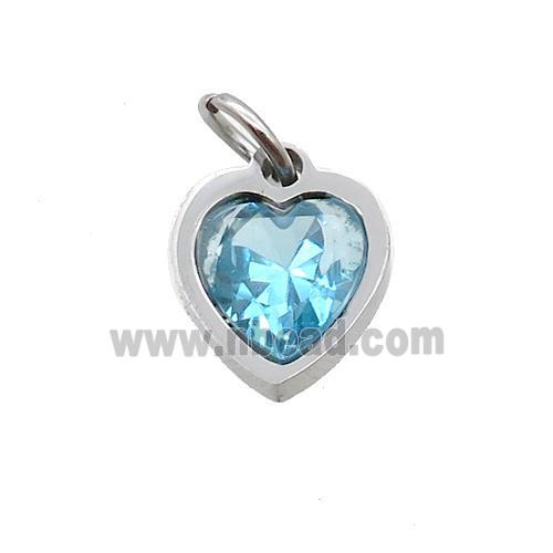 Raw Stainless Steel Heart Pendant Pave Aqua Zircon