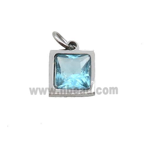 Raw Stainless Steel Square Pendant Pave Aqua Zircon