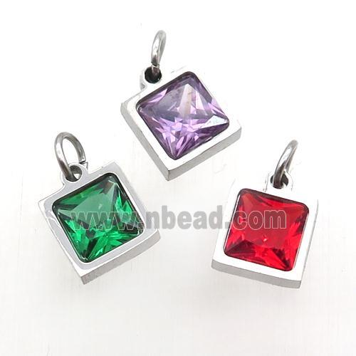 Raw Stainless Steel Square Pendant Pave Zircon Mixed