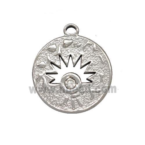 Raw Stainless Steel Sunburst Pendant Pave Rhinestone Circle
