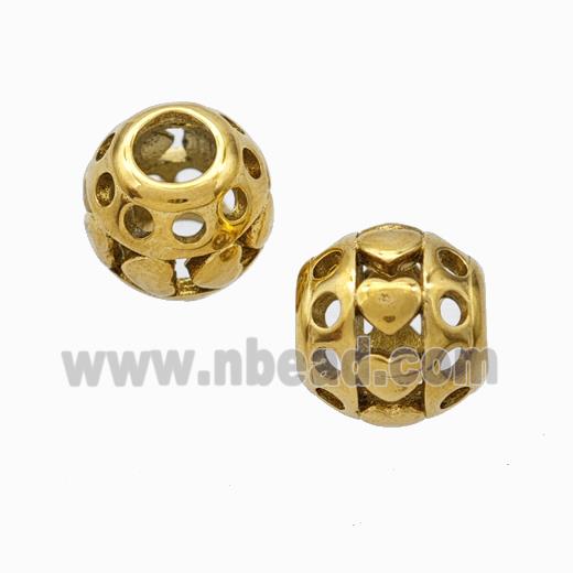 Titanium Steel Round Beads Large Hole Hollow Heart Gold Plated
