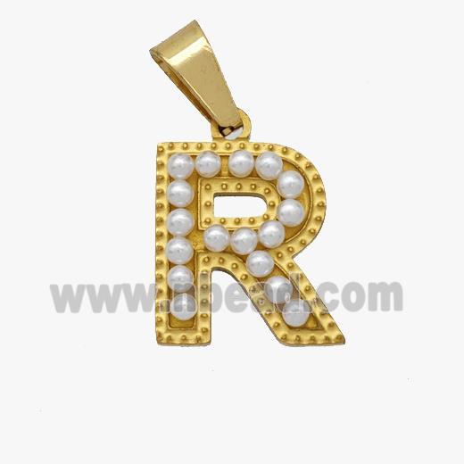 Stainless Steel Pendant Pave Pearlized Resin Letter-R Gold Plated