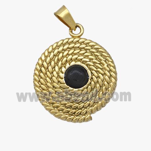 Stainless Steel Spiral Circle Pendant Pave Black Onyx Gold Plated