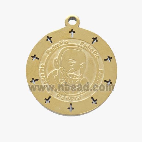 Stainless Steel Pendant Medal Padre Pio Circle Gold Plated