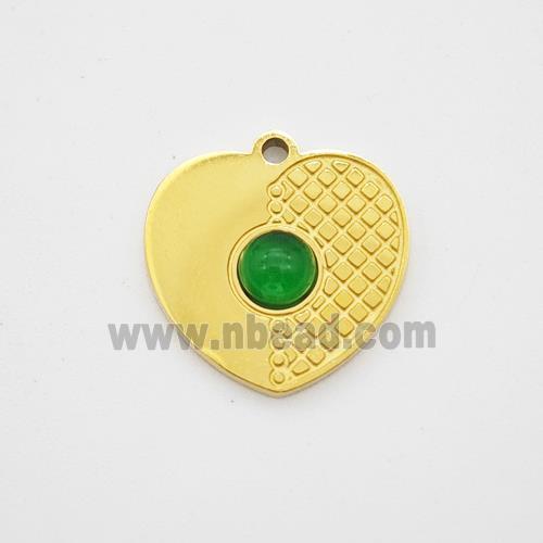 Stainless Steel Heart Pendant Pave Green Jade Gold Plated