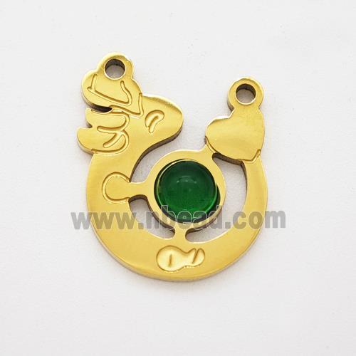Stainless Steel Loong Pendant Pave Green Jade Heart 2loops Gold Plated