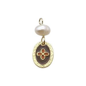 Copper Flower Pendant With Pearl Enamel Oval Gold Plated, approx 8-12mm, 6mm