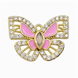 Copper Butterfly Pendant Pave Zirconia Pink Enamel Gold Plated, approx 18-25mm