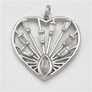Copper Heart Pendant Micro Pave Zirconia Eye Platinum Plated, approx 23mm