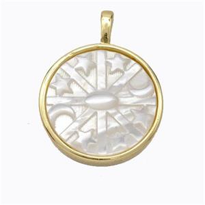 Copper Circle Pendant Pave Shell Moon Star Gold Plated, approx 17mm