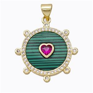 Copper Circle Pendant Pave Malachite Heart Zirconia Gold Plated, approx 18mm