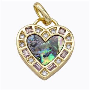 Copper Heart Pendant Pave Abalone Shell Zirconia Gold Plated, approx 20mm