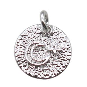 copper circle pendant with moon, platinum plated, approx 12mm dia