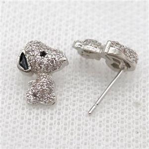 copper Studs Earrings paved zircon, dog, platinum plated, approx 9-11mm