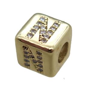 copper cube letter-N beads pave zircon, gold plated, approx 8x8mm