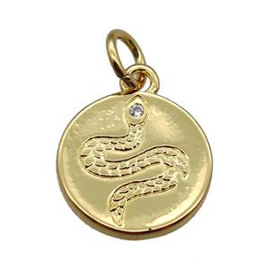 copper circle pendant paved zircon, snake, gold plated, approx 12mm dia