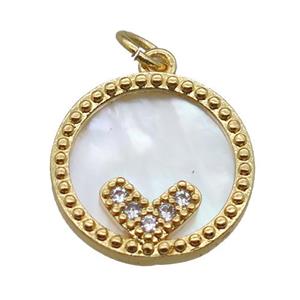 copper circle pendant paved zircon, shell backing, gold plated, approx 15mm dia