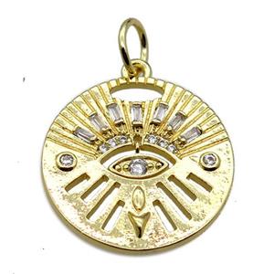 copper circle pendant pave zircon, eye, gold plated, approx 20mm dia