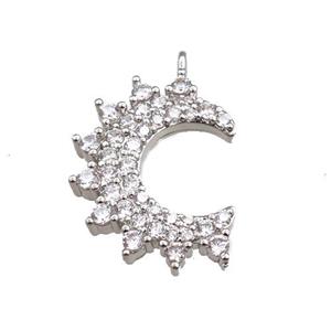 copper moon pendant pave zircon, platinum plated, approx 16-20mm