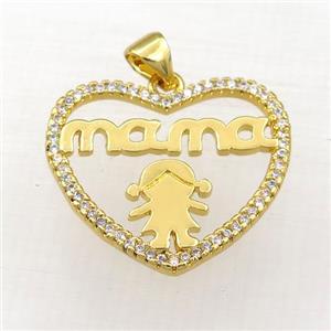 copper heart MAMA pendant paved zircon, gold plated, approx 21-24mm