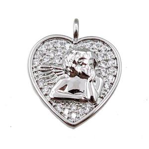 copper heart pendant pave zircon, angel, platinum plated, approx 14mm