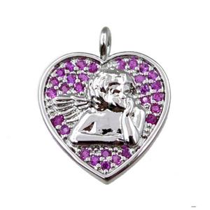 copper heart pendant pave zircon, angel, platinum plated, approx 14mm